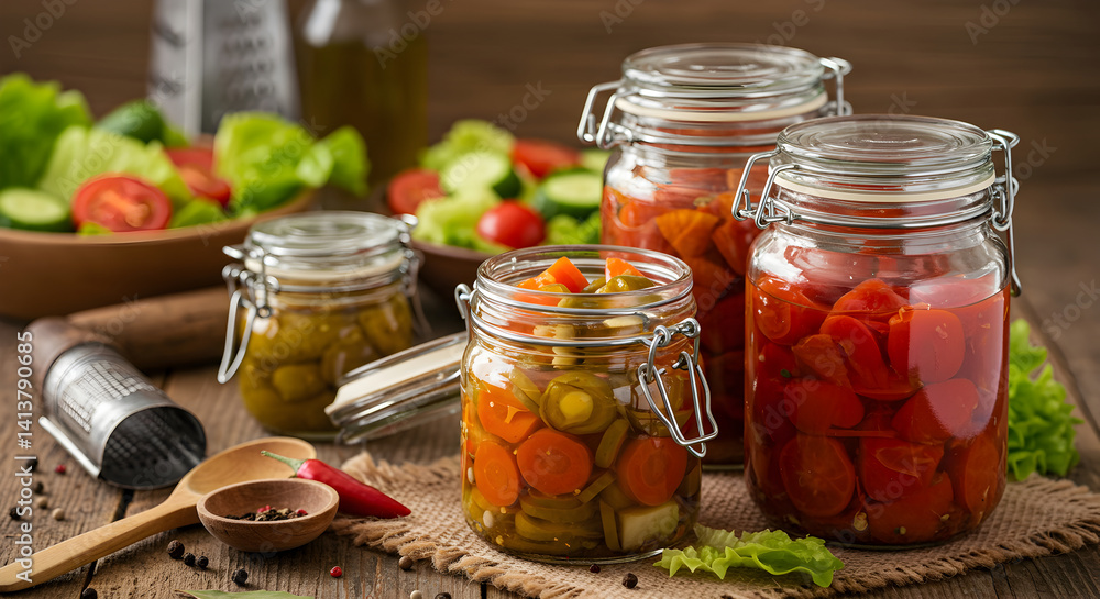 Assortment Of Pickled Vegetables Stored In Glass Jars Placed On Wooden Table Assortment Of Pickled Vegetables Stored In Glass Jars Placed On Wooden Table