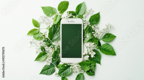 A smartphone surrounded by green leaves and flowers on a light background.