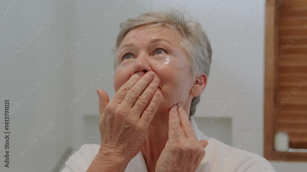 A senior woman with gray hair stands at the mirror and puts on moisturizing patches. Care for aging skin and fight against wrinkles. Beauty routine in retirement. Health improvement. Wellness. A senior woman with gray hair stands at the mirror and puts on moisturizing patches. Care for aging skin and fight against wrinkles. Beauty routine in retirement. Health improvement. Wellness.