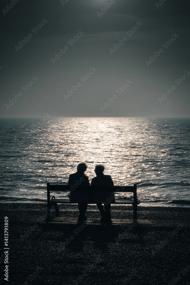 Two people are sitting on a bench by the ocean Two people are sitting on a bench by the ocean