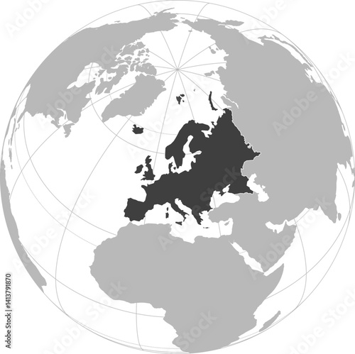 World vector map with continent boundaries and graticules (Europe-centered & highlighted view, orthographic projection, PPT-compatible & fully editable)