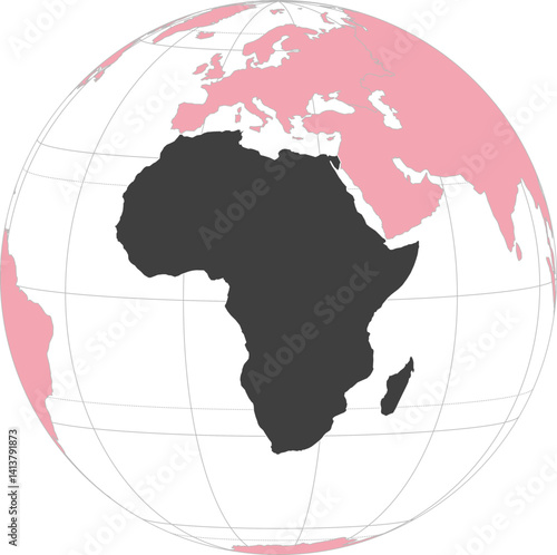 World vector map with continent boundaries and graticules (Africa-centered & highlighted view, orthographic projection, PPT-compatible & fully editable)