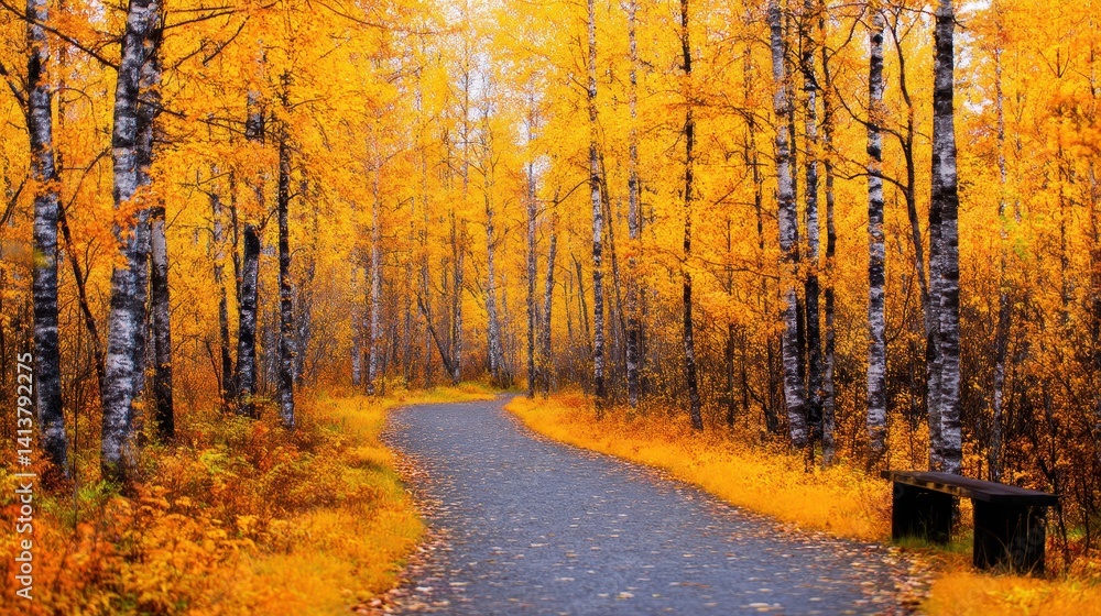 Fototapeta premium Serene autumn pathway winding through vibrant golden trees in a tranquil forest setting