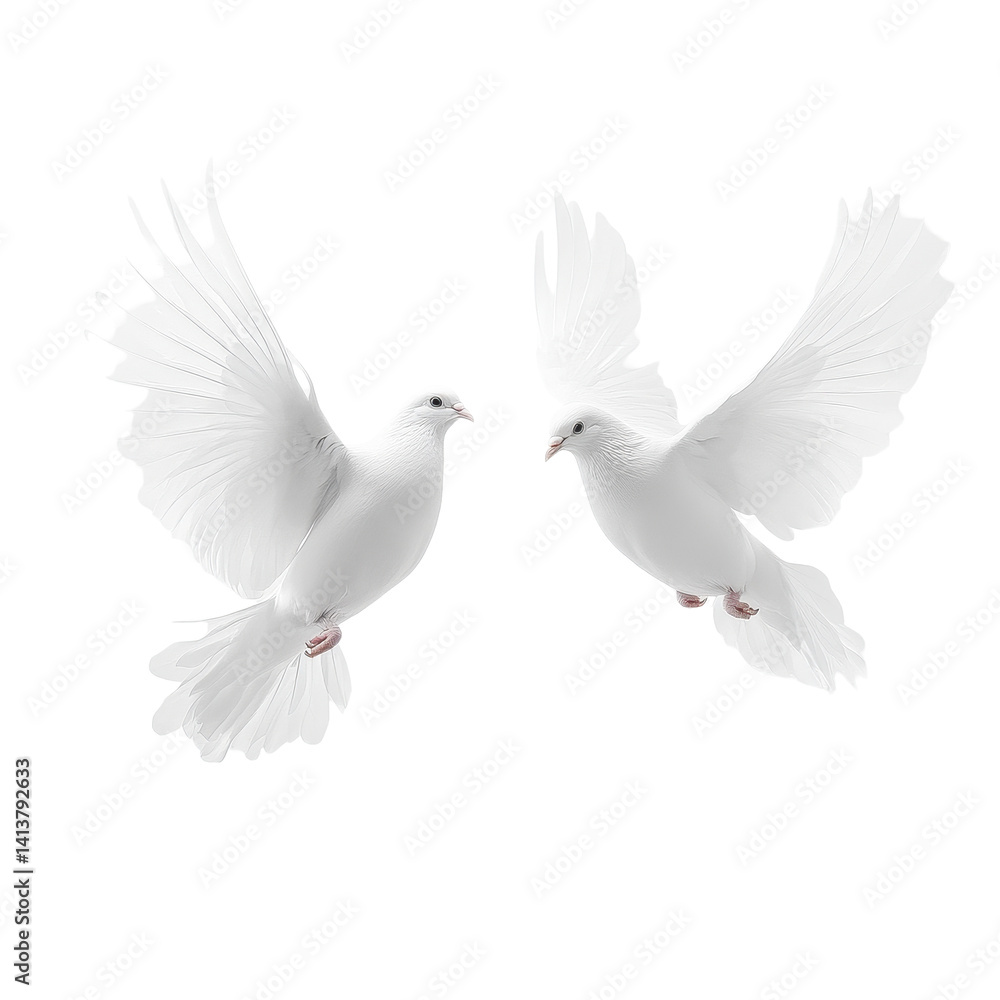 Obraz premium Two white doves gracefully flying against a soft Transparent background showcasing beauty and peace in nature, Two White Doves PNG background