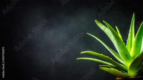 Lush green aloe vera plant thriving in a dark, textured background with misty ambiance