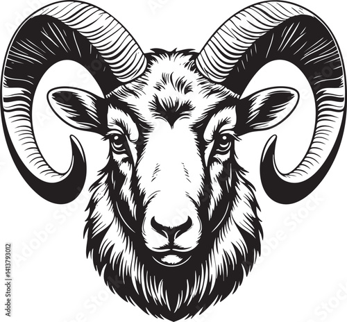 Ram Head EPS Vector Outline Black and White Illustration