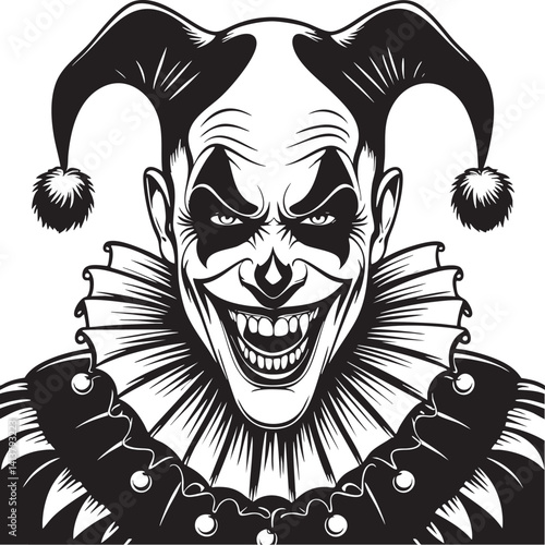 Evil Clown Vector EPS Black and White Jester Outline