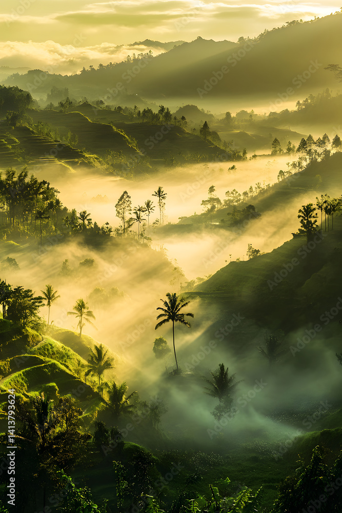Serenity Awakened: The Enchanting Tranquility of a Mist-Laden Morning Landscape