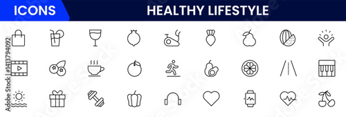 Vector illustration web line icon collection showcasing healthy lifestyle—fitness, balanced diet, yoga poses, heart rate, water intake, wellness symbols, and active living elements.