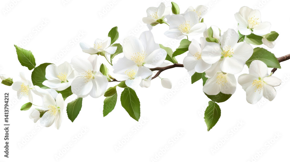 Fototapeta premium branch of white flowers with green leaves on white backgroubnd
