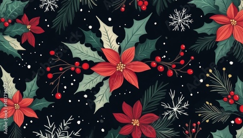 Festive Christmas floral pattern with poinsettias, holly, berries, and snowflakes on a dark background.