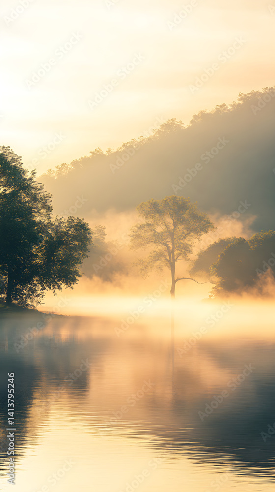 Serenity Awakened: The Enchanting Tranquility of a Mist-Laden Morning Landscape