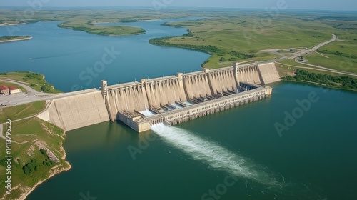 Wallpaper Mural Aerial view of a large dam with water flowing, surrounded by green landscapes and water bodies. Torontodigital.ca