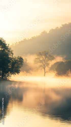 Obraz na płótnie Serenity Awakened: The Enchanting Tranquility of a Mist-Laden Morning Landscape w salonie