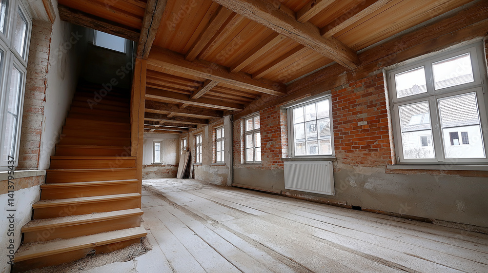 Innenraum eines Altbaus während der Renovierung mit freiliegenden Holzbalken, Treppe und unverputzten Wänden in Rohbauzustand