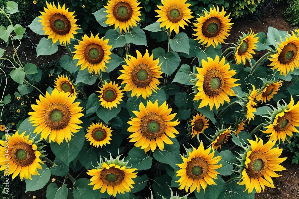 Cheerful Aerial Floral Layout of Vibrant Yellow Sunflowers in a Nature Garden Cheerful Aerial Floral Layout of Vibrant Yellow Sunflowers in a Nature Garden