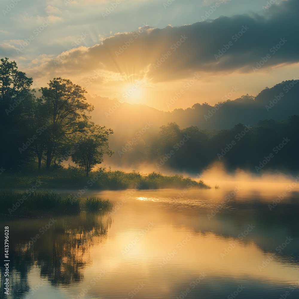 Serenity Awakened: The Enchanting Tranquility of a Mist-Laden Morning Landscape