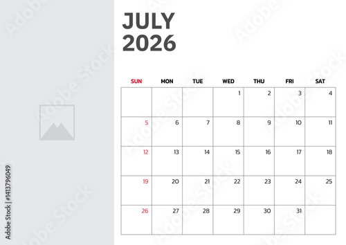 July 2026 Calendar. Week start on Sunday. Desk calendar 2026 design, simple and clean design, Wall calendar for print, digital calendar, Corporate design planner template vector.