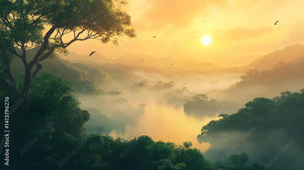 Serenity Awakened: The Enchanting Tranquility of a Mist-Laden Morning Landscape