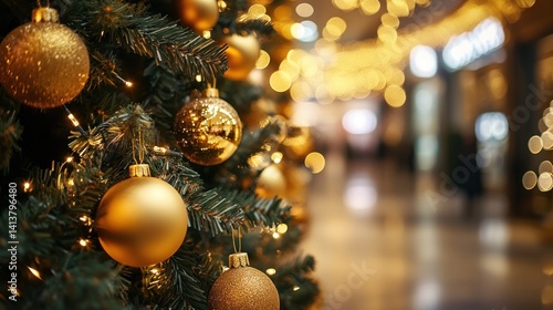 festive christmas spirit at a shopping mall with golden decorations adorning a beautiful christmas tree creating a warm and inviting atmosphere for holiday shoppers
