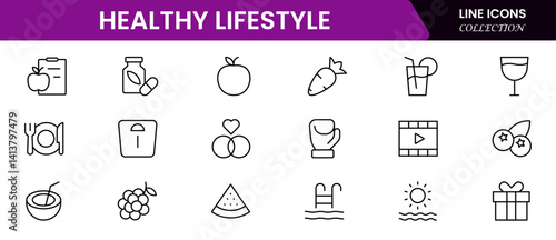 Vector illustration web line icon collection showcasing healthy lifestyle—fitness, balanced diet, yoga poses, heart rate, water intake, wellness symbols, and active living elements.