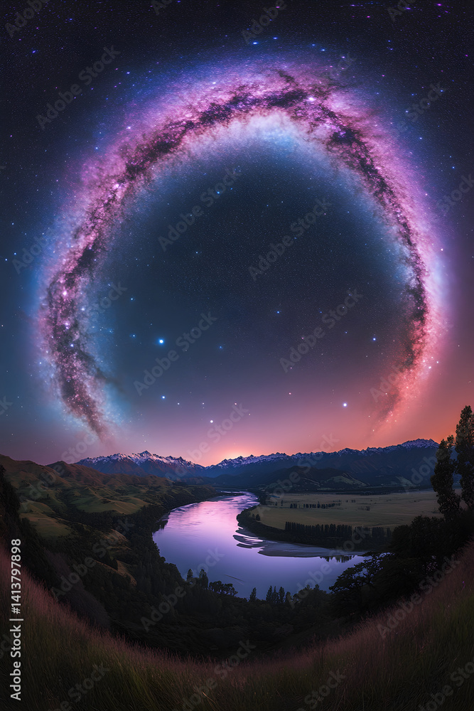 Celestial Bridge: Nighttime Majesty and Reflected Cosmic Splendor Under the Milky Way