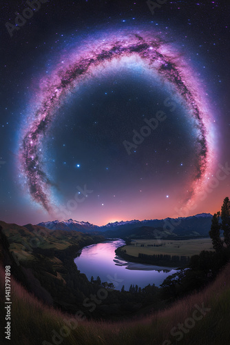 Obraz na płótnie Celestial Bridge: Nighttime Majesty and Reflected Cosmic Splendor Under the Milky Way w salonie