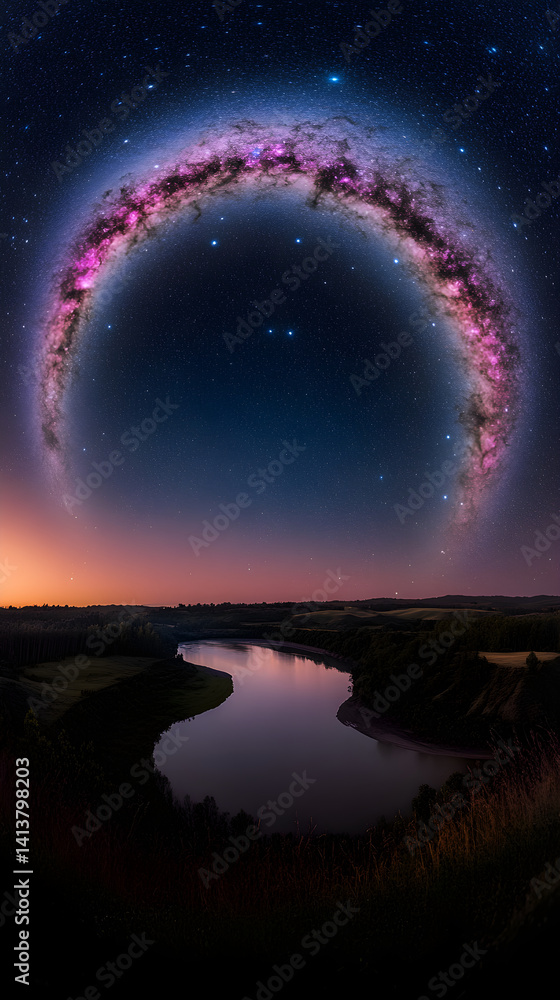 Celestial Bridge: Nighttime Majesty and Reflected Cosmic Splendor Under the Milky Way