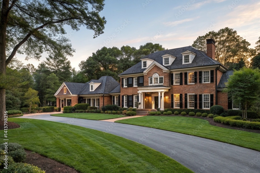Elegant brick colonial home with black shutters, front-facing gables, and a manicured green lawn. Symmetrical architecture in suburban setting. Elegant brick colonial home with black shutters, front-facing gables, and a manicured green lawn. Symmetrical architecture in suburban setting.