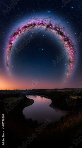 Obraz na płótnie Celestial Bridge: Nighttime Majesty and Reflected Cosmic Splendor Under the Milky Way w salonie