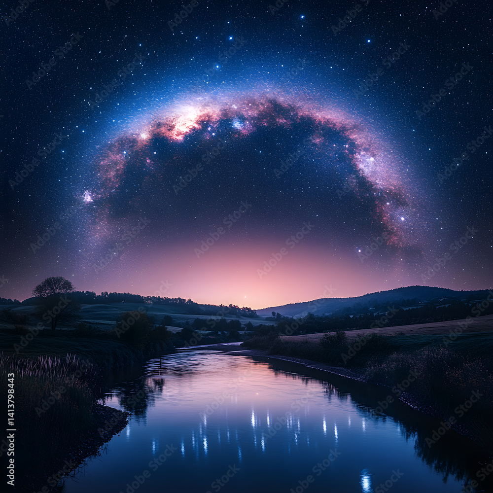 Celestial Bridge: Nighttime Majesty and Reflected Cosmic Splendor Under the Milky Way