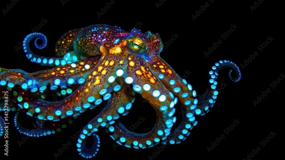 Obraz premium A vibrant, bioluminescent octopus with colorful patterns against a dark background.