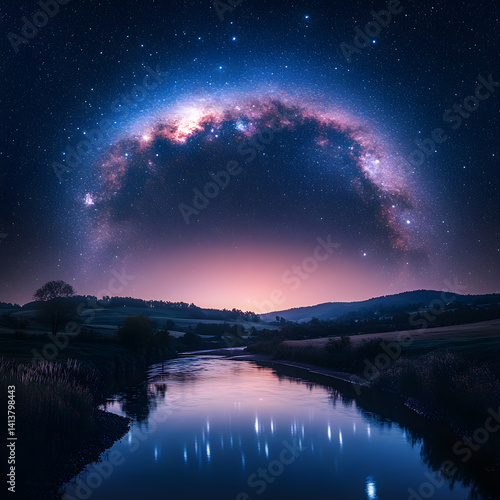 Obraz na płótnie Celestial Bridge: Nighttime Majesty and Reflected Cosmic Splendor Under the Milky Way w salonie