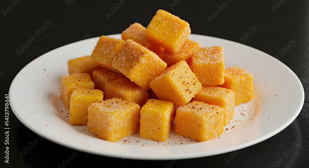 Frozen mango pieces, covered with ice condensation, spread out on a white saucer. Frozen mango pieces, covered with ice condensation, spread out on a white saucer.