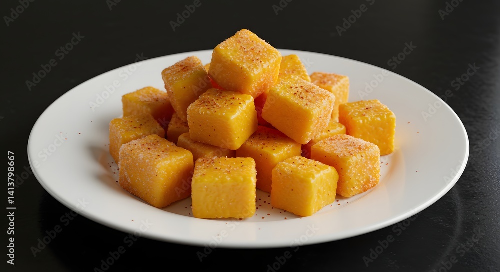 Frozen mango pieces, covered with ice condensation, spread out on a white saucer. Frozen mango pieces, covered with ice condensation, spread out on a white saucer.