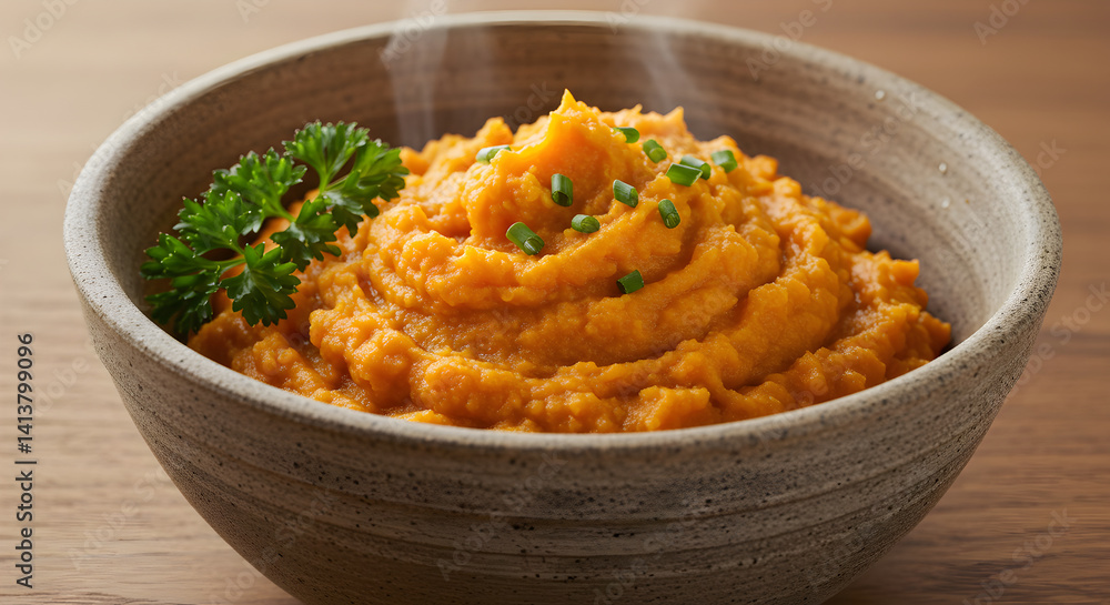Bowl Of Creamy Mashed Sweet Potatoes Garnished With Fresh Parsley Bowl Of Creamy Mashed Sweet Potatoes Garnished With Fresh Parsley
