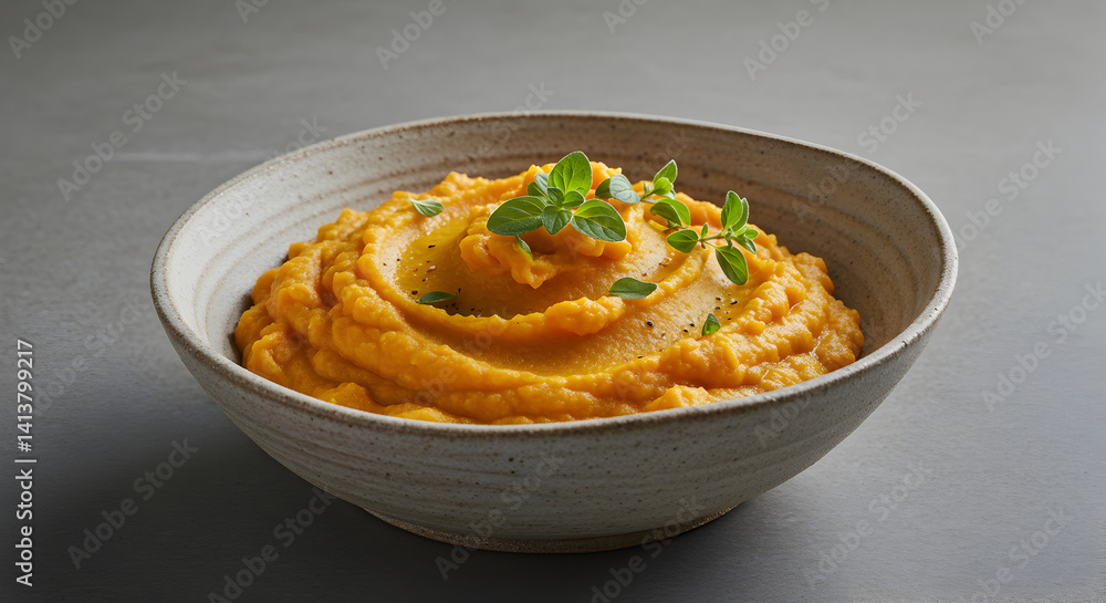 Delicious Butternut Squash Puree Garnished With Fresh Herbs Close Up Delicious Butternut Squash Puree Garnished With Fresh Herbs Close Up