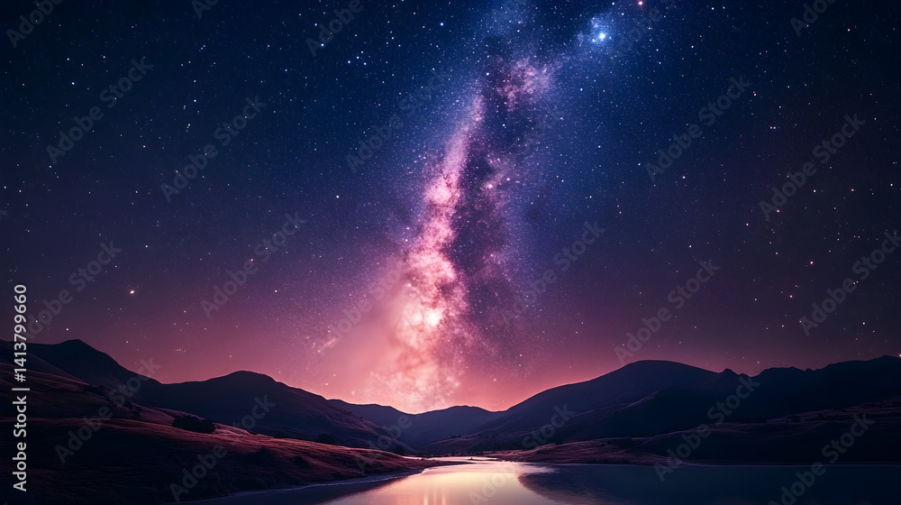 Celestial Bridge: Nighttime Majesty and Reflected Cosmic Splendor Under the Milky Way