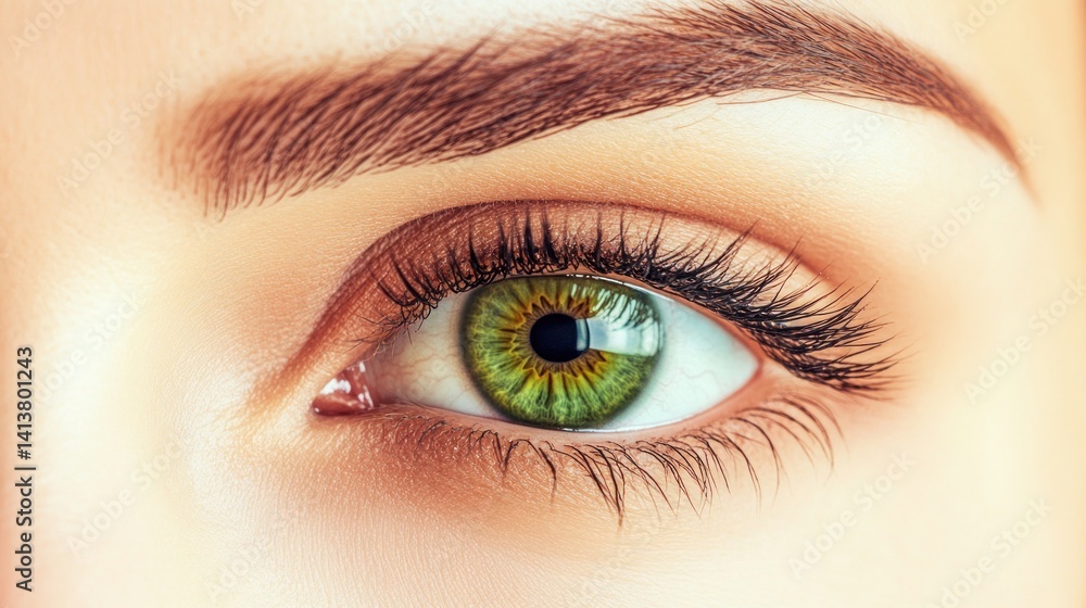 Naklejka premium close-up shot showcasing a captivating green eye with detailed eyelashes and a subtly shaped eyebrow, emphasizing beauty and the intricacies of human eye anatomy against a soft skin tone backdrop