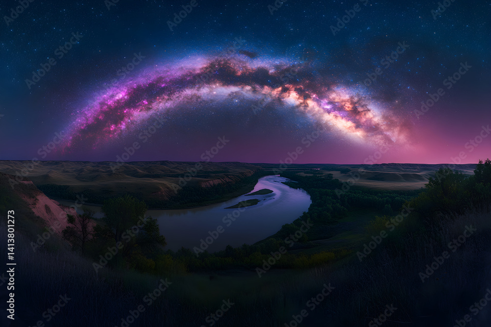 Celestial Bridge: Nighttime Majesty and Reflected Cosmic Splendor Under the Milky Way