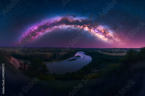Obraz na płótnie Celestial Bridge: Nighttime Majesty and Reflected Cosmic Splendor Under the Milky Way w salonie