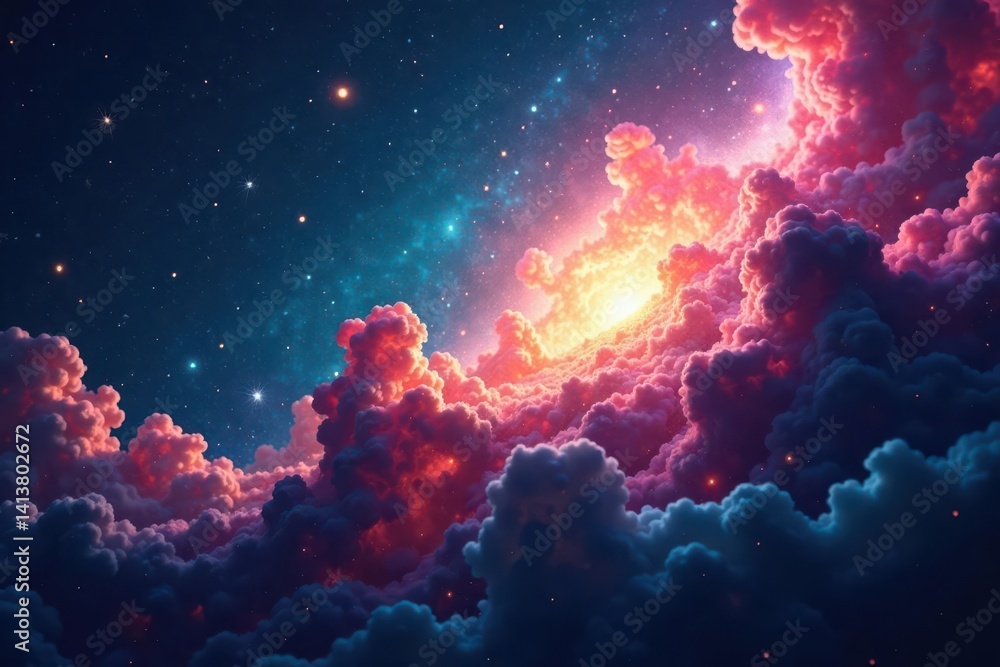 Fototapeta premium Celestial Cloudscape A Dreamlike Vision of Illuminated Cumulus Formations Adorned with Shimmering Stardust in a Vibrant Night Sky