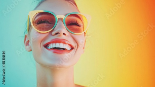 Happy Woman Laughing in Colorful Sunglasses on Bright Background