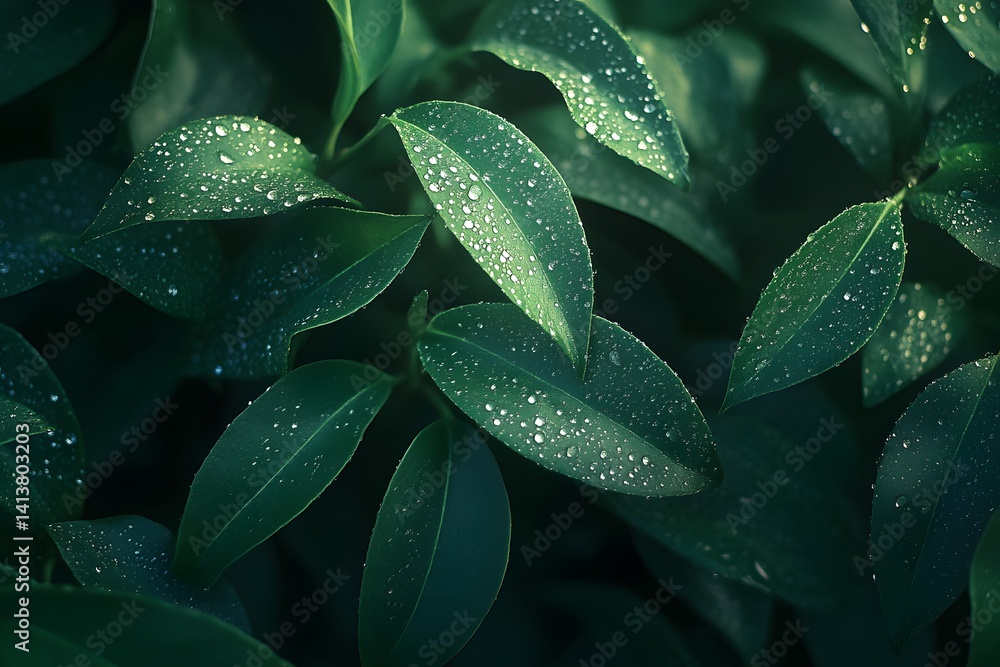 Obraz premium Fresh Green Leaves Glistening with Dewdrops in Gentle Light