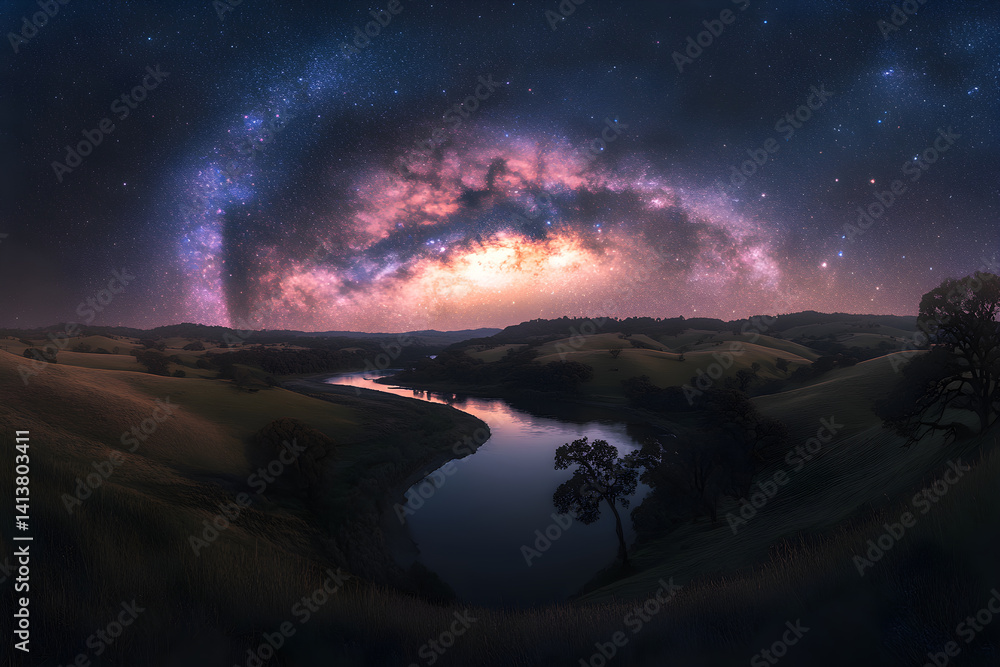 Celestial Bridge: Nighttime Majesty and Reflected Cosmic Splendor Under the Milky Way
