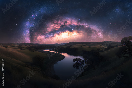 Obraz na płótnie Celestial Bridge: Nighttime Majesty and Reflected Cosmic Splendor Under the Milky Way w salonie