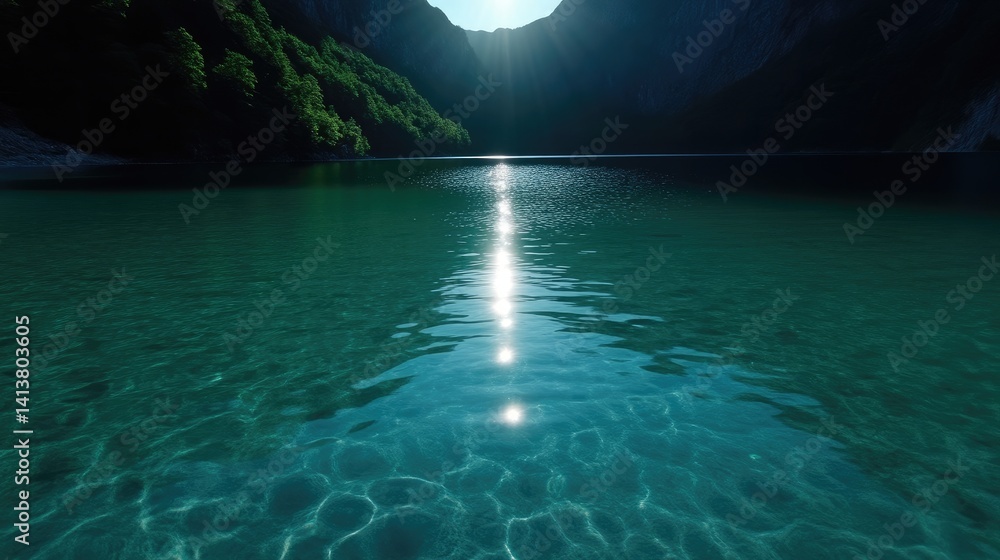 Fototapeta premium Serene mountain lake reflecting sunlight. Crystal-clear water with sunlight beaming through. Lush greenery surrounds a tranquil alpine lake