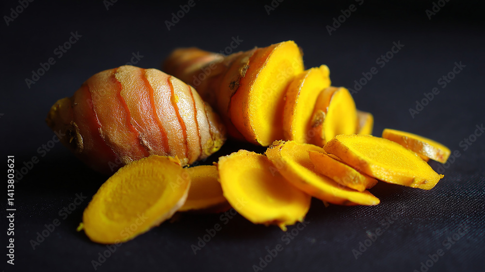 Turmeric root sliced vibrant yellow earthy skin