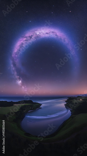 Obraz na płótnie Celestial Bridge: Nighttime Majesty and Reflected Cosmic Splendor Under the Milky Way w salonie
