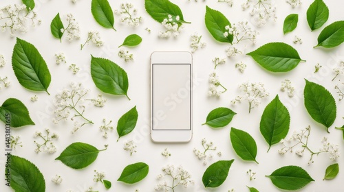 A smartphone surrounded by green leaves and white flowers on a light background.